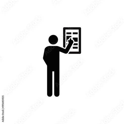 Electrician resetting tripped breaker silhouette icon. Man at electrical panel solid black shape. Vector illustration isolated on transparent background