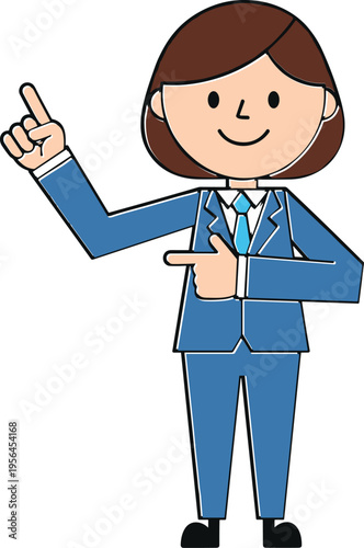 Smiling Professional Businesswoman in a Blue Suit Standing and Pointing Upwards with One Hand and Sideways with the Other Hand