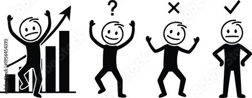 Collection of four stick figure illustrations showing business growth, confusion, incorrectness, and correctness with graph, question mark, X, and checkmark symbols
