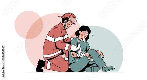 Firefighter comforting a wounded woman offering support during an emergency situation