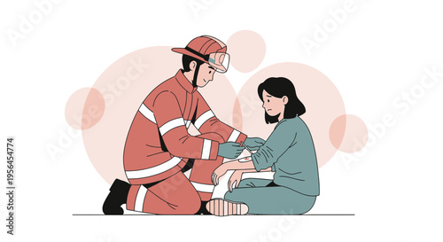 Firefighter providing first aid to injured woman illustration showcasing emergency response and