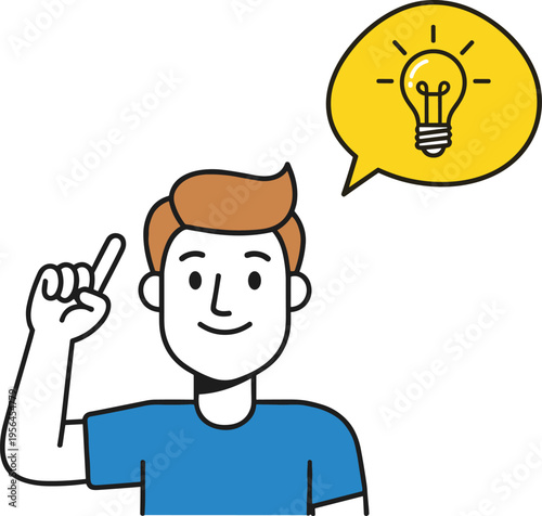 Young Man Having a Creative Idea with a Light Bulb in a Speech Bubble Representing Innovation Brainstorming Solution and Insight