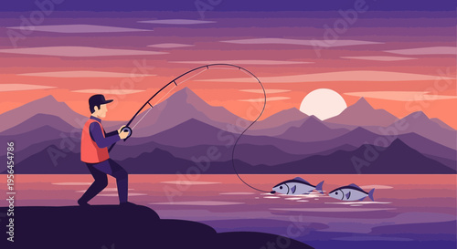 Fisherman enjoying the sunset while angling on a tranquil lake surrounded by mountains