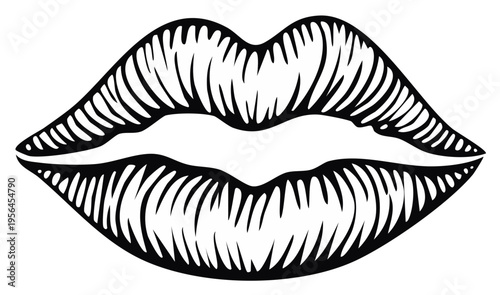 Stylized graphic illustration of a pair of lips in black and white.