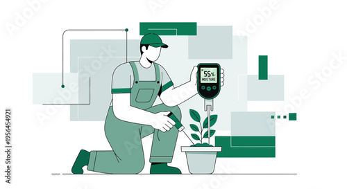 Expert gardener accurately measures soil moisture using cutting edge digital technology
