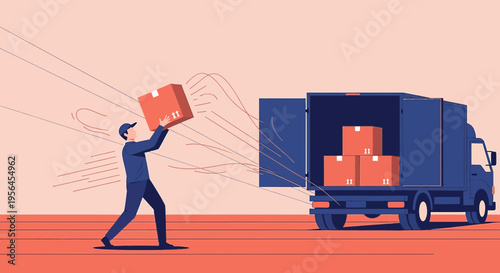 Express delivery illustration featuring worker unloading boxes from truck with speed lines