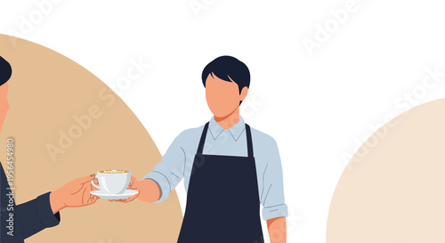 Faceless barista offers a cup of coffee to a patron in a minimalistic vector art style showcasing