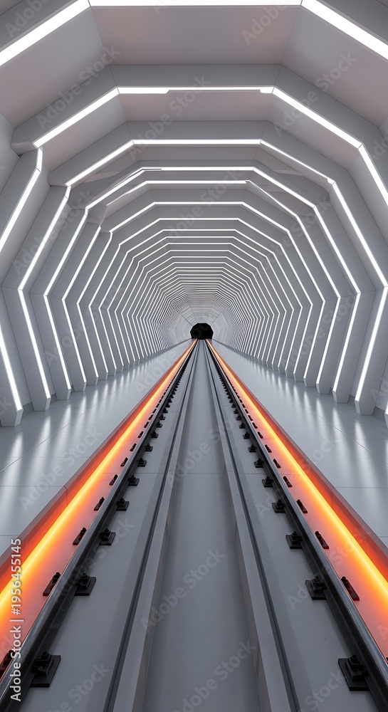 Fototapeta premium Futuristic high speed train tunnel with glowing orange illuminated tracks and modern geometric architecture leading to a dark opening