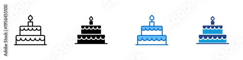 Birthday Cake Multiple Style Icon Design Vector - Layered cake with candle representing birthday celebration, special occasion, and party dessert