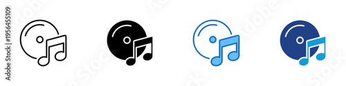 Music Disc Multiple Style Icon Design Vector - Disc with music note representing audio playback, entertainment media, and sound recording