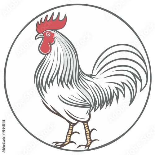 Stylized Illustration of a Rooster Inside a Circle with Red Comb and Wattle