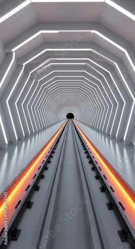 Futuristic high speed train tunnel with glowing orange illuminated tracks and modern geometric architecture leading to a dark opening