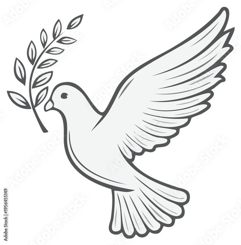 A white dove with an olive branch in its beak flying gracefully in the sky