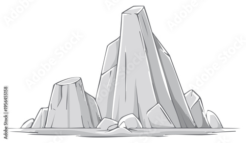 Illustration of a Mountain Range with Gray Rocks and Boulders on the Ground