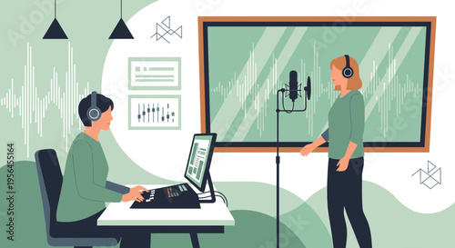 Female artist collaborates in a voice recording studio for podcast production showcasing teamwork