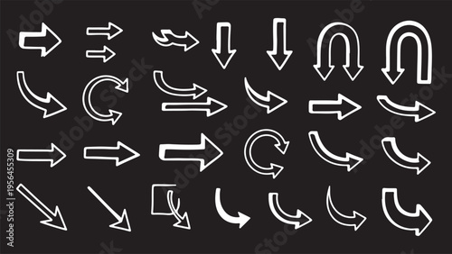 A comprehensive collection of white-bordered arrow icons featuring various styles such as straight, U-turn, curved, and looping directional pointers.