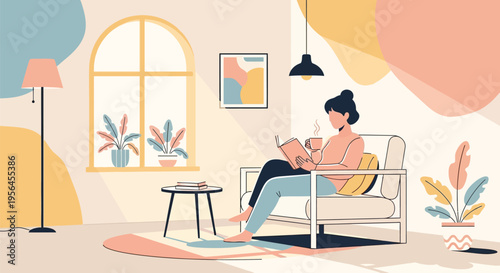A peaceful illustration of a woman relaxing in a cozy room while reading a book and drinking tea