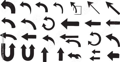 A versatile collection of solid black arrow symbols in various styles, including straight, curved, looping, and U-turn shapes. 