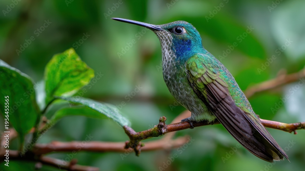 Obraz premium Hummingbird perched on branch in green foliage natural background