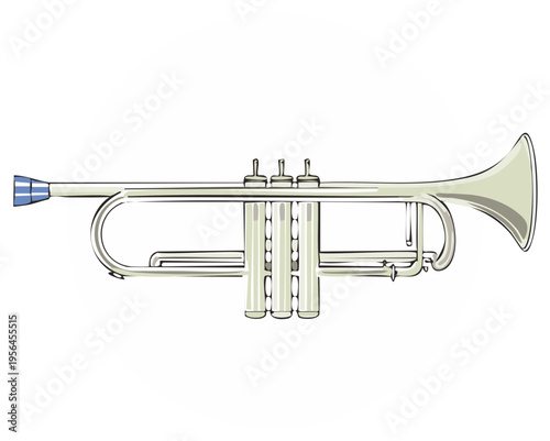 Isolated detailed line art illustration showing the design and features of a silver trumpet, representing music and brass instruments.