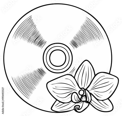 Line art illustration of a compact disc and orchid flower