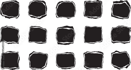 A collection of 16 black torn paper shapes arranged in four rows on a white background with rough edges and varying sizes