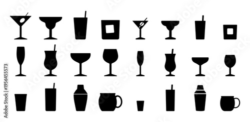 Cocktail Glass Silhouette Icon Set – Martini, Margarita, Highball, Wine, Champagne, Bar Equipment Vector Collection