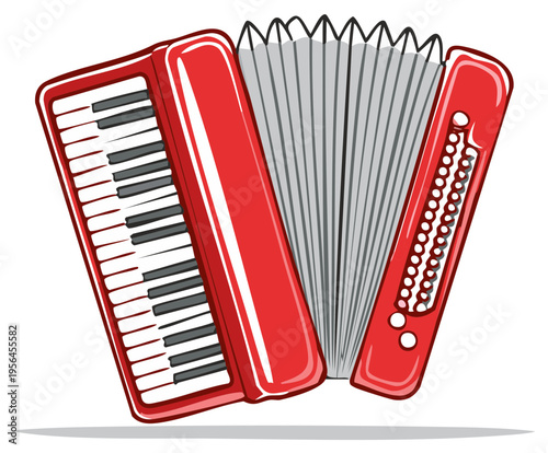 Red accordion musical instrument with black and white keys and grey bellows