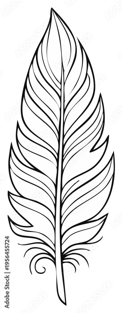 Fototapeta premium Simple hand drawn black and white feather illustration with flowing lines