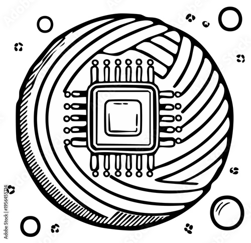 Stylized illustration of a central computer chip integrated into a concentric circuit board pattern