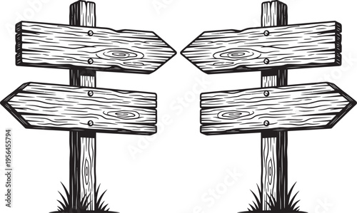 A pair of wooden directional signs on posts pointing in different directions