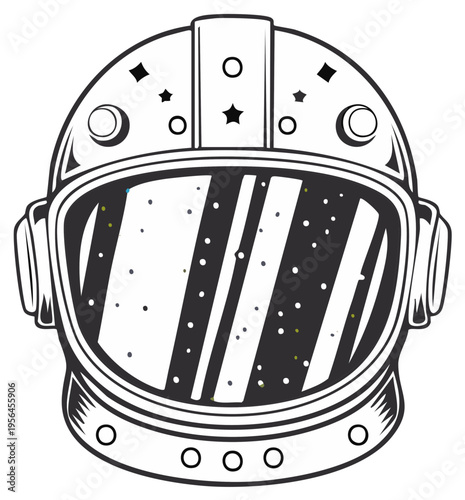 Cosmic Explorer Retro Style Space Helmet Illustration with Stars and Galaxy Reflection