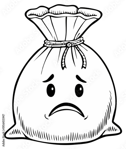 Sad sack illustration, cartoon drawing of a bag with an unhappy face, outlined image of a character with a pout, depressed mascot icon