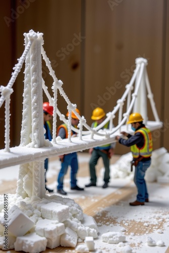 A group of construction workers in hard hats carefully and delicately building a suspension bridge out of fragile, spun sugar.