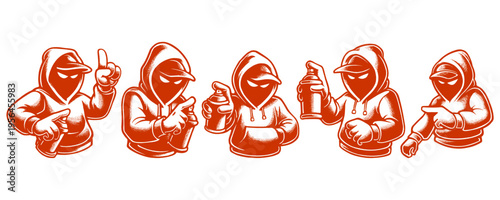 Set of Five Red Graffiti Mascot Character Silhouettes in Various Dynamic Poses for Streetwear Collections.