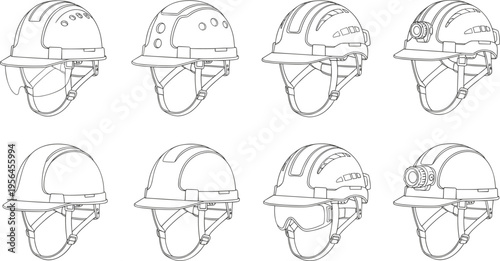 Detailed line-drawn safety helmet icon set with chin straps, ventilation holes, mounted lights, visors, and 