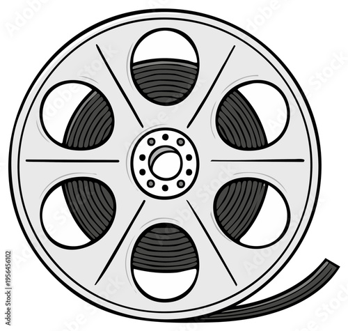 Vintage film reel with cinematic tape unwinding from the spool, symbolizing movie production and history.