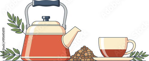 A flat vector illustration of a vintage red teapot with a tea cup and a small pile of tea leaves