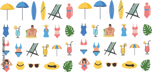 Summer Beach Elements Seamless Pattern with Swimsuits, Umbrellas, Deck Chairs, Cocktails and Surfboards Vector Illustration