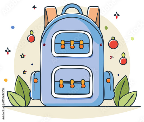 Illustration of a School Backpack with Leaves and Geometric Shapes in an Artistic Style