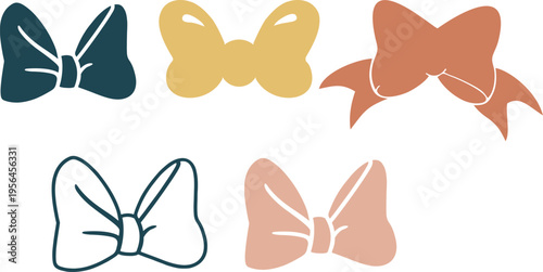 A collection of modern minimalist ribbon and bow vector illustrations. Features clean line art and trending pastel colors like sage green, earth tones, and dusty pink. Perfect for wedding invitations