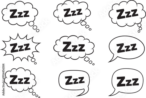 A collection of nine sleepy thought bubbles with zzz text