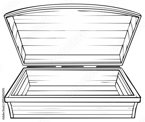 Open Empty Wooden Coffin Outline Isolated on White Interior Detail