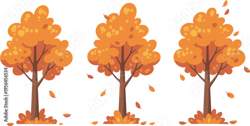 Three orange trees with falling leaves in autumn