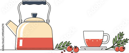 A flat vector illustration of a yellow teapot and a cup of herbal tea with fresh red hawthorn
