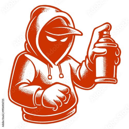 Red Silhouette of a Graffiti Artist Mascot Holding Spray Can for Urban Streetwear and Hardcore Branding.
