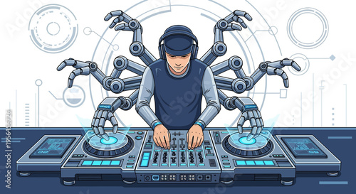Futuristic dj robot performing with multi armed device and advanced technology display