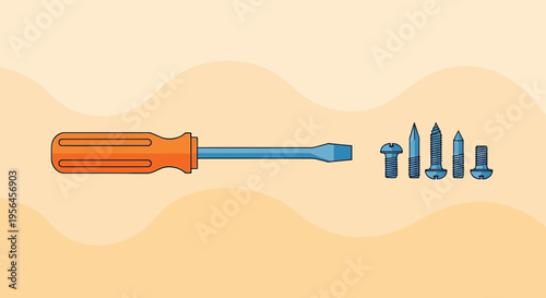 Flathead screwdriver alongside a selection of different types of screw illustrations
