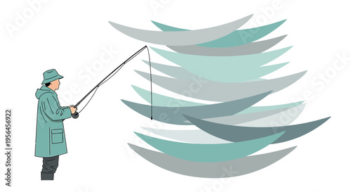 Fly fishing illustration with a contemporary twist, blending natural elements with stylized shapes