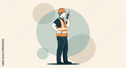 Focused construction worker communicates via walkie-talkie in a stylized setting